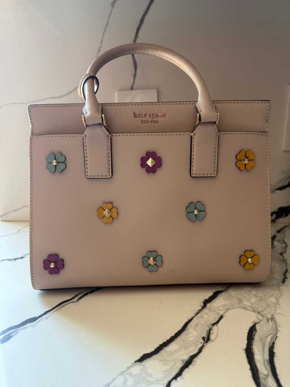 kate spade pale pink satchel with multicolor floral appliqués